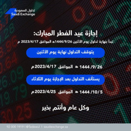 بدء إجازة عيد الفطر المبارك بسوق الأسهم السعودية